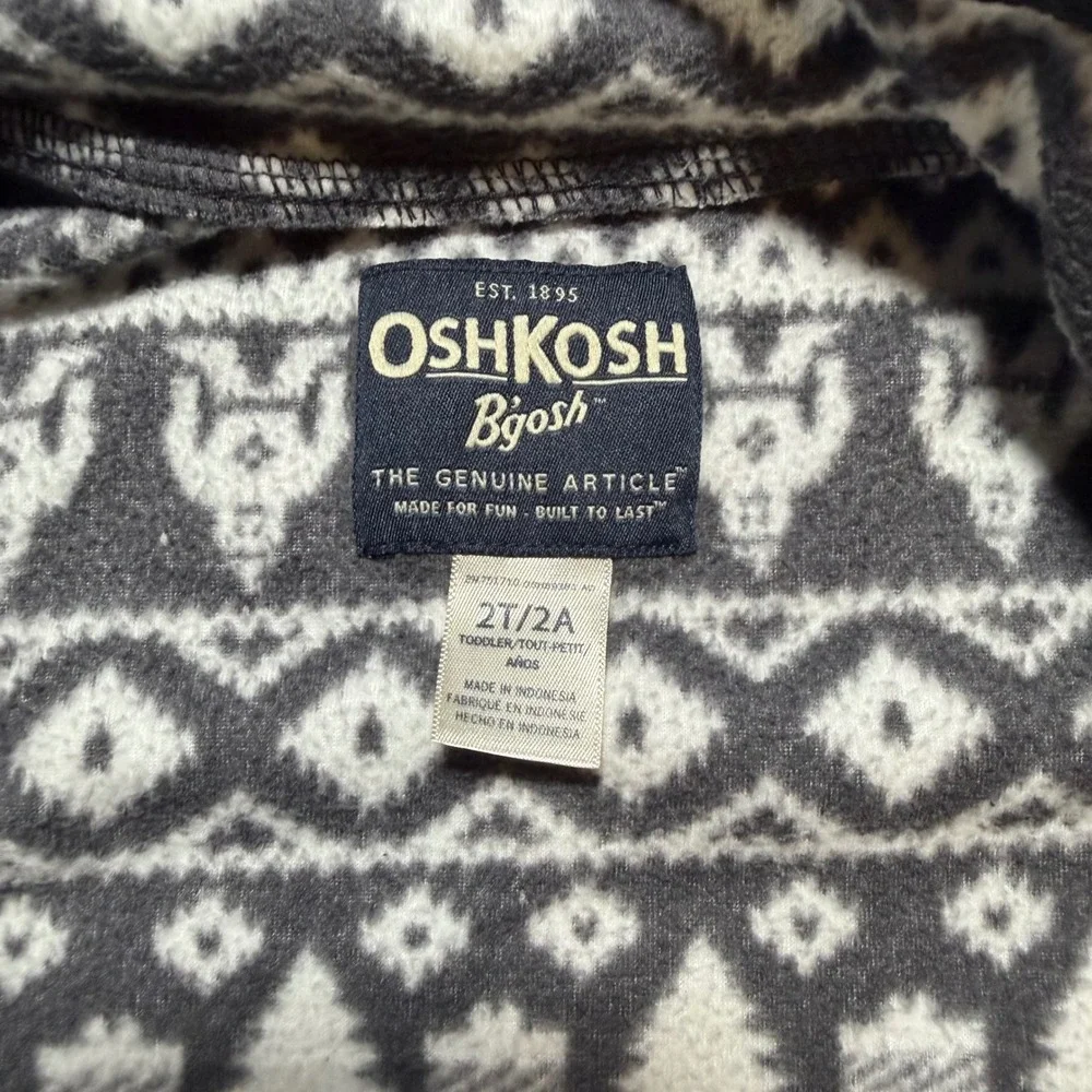 OshKosh Bgosh Toddler 2T Fleece Jacket Black White Bigfoot Fair Isle Full Zip